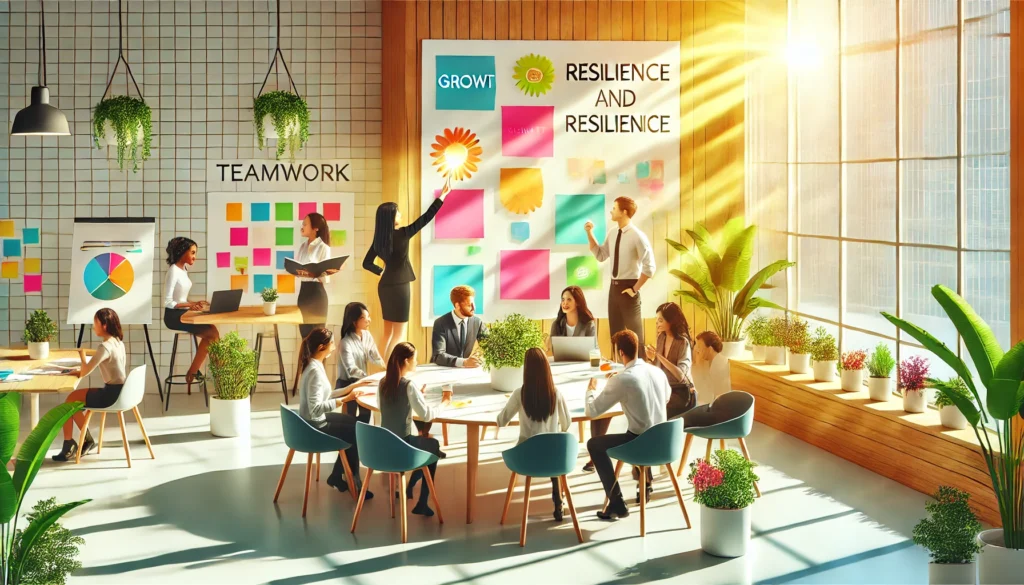 Dall·e 2024 11 29 18.02.17 A Bright And Uplifting Office Environment With Diverse Professionals Collaborating Joyfully. The Scene Includes A Central Round Table With People Brai